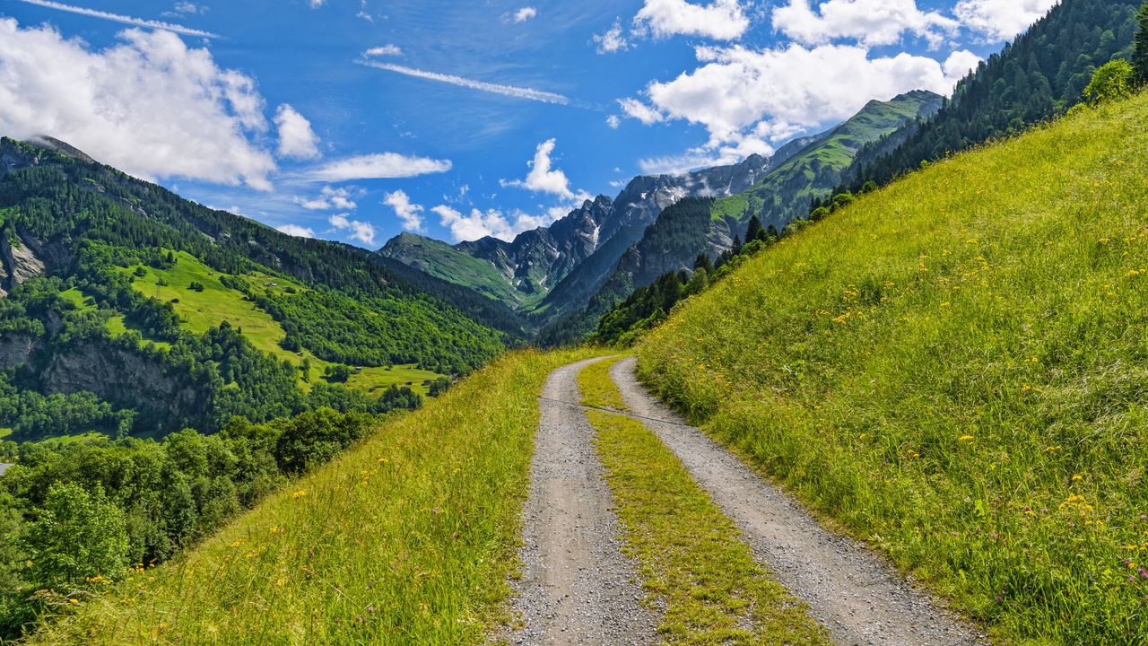 Wallpaper road, mountains, grass, landscape