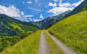 Preview wallpaper road, mountains, grass, landscape