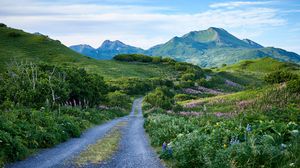 Preview wallpaper road, mountains, hills, greenery, landscape
