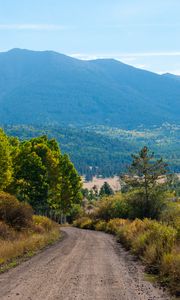 Preview wallpaper road, mountains, hills, trees, forest