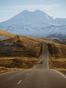 Preview wallpaper road, mountains, hills, snow, snowy