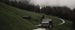 Preview wallpaper road, mountains, hills, trees, houses, clouds, nature