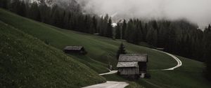 Preview wallpaper road, mountains, hills, trees, houses, clouds, nature