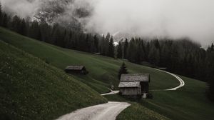 Preview wallpaper road, mountains, hills, trees, houses, clouds, nature
