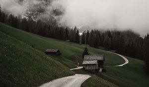 Preview wallpaper road, mountains, hills, trees, houses, clouds, nature