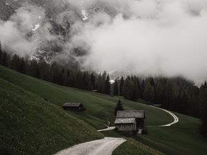 Preview wallpaper road, mountains, hills, trees, houses, clouds, nature