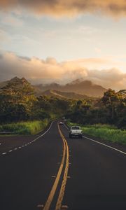 Preview wallpaper road, mountains, landscape, turn, asphalt, cars