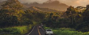 Preview wallpaper road, mountains, landscape, turn, asphalt, cars