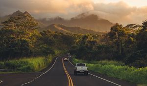 Preview wallpaper road, mountains, landscape, turn, asphalt, cars