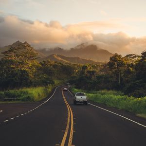 Preview wallpaper road, mountains, landscape, turn, asphalt, cars