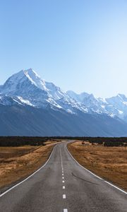 Preview wallpaper road, mountains, marking, mount cook, new zealand