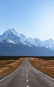 Preview wallpaper road, mountains, marking, mount cook, new zealand