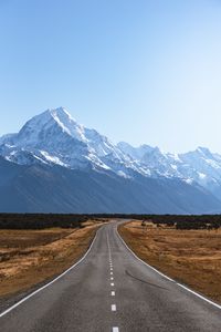 Preview wallpaper road, mountains, marking, mount cook, new zealand