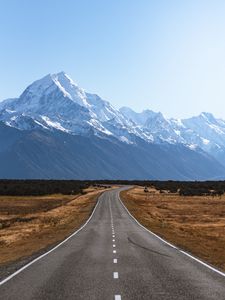 Preview wallpaper road, mountains, marking, mount cook, new zealand