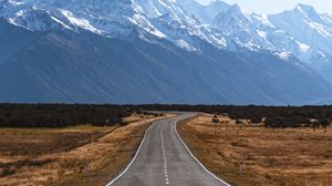 Preview wallpaper road, mountains, marking, mount cook, new zealand