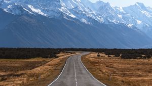 Preview wallpaper road, mountains, marking, mount cook, new zealand