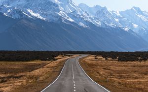 Preview wallpaper road, mountains, marking, mount cook, new zealand