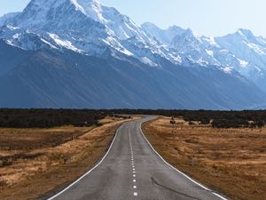 Preview wallpaper road, mountains, marking, mount cook, new zealand