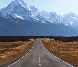 Preview wallpaper road, mountains, marking, mount cook, new zealand