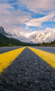Preview wallpaper road, mountains, marking, asphalt, clouds, sky