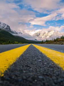 Preview wallpaper road, mountains, marking, asphalt, clouds, sky