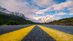 Preview wallpaper road, mountains, marking, asphalt, clouds, sky
