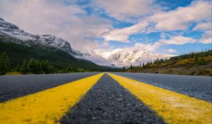 Preview wallpaper road, mountains, marking, asphalt, clouds, sky