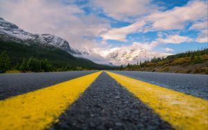 Preview wallpaper road, mountains, marking, asphalt, clouds, sky