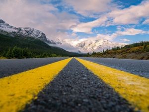 Preview wallpaper road, mountains, marking, asphalt, clouds, sky