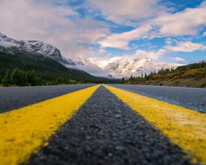 Preview wallpaper road, mountains, marking, asphalt, clouds, sky