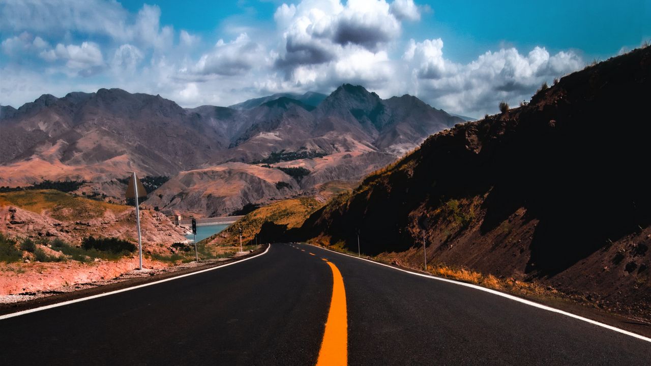 Wallpaper road, mountains, marking, asphalt, sky