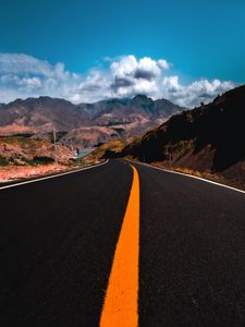 Preview wallpaper road, mountains, marking, asphalt, sky