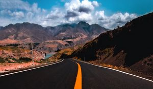 Preview wallpaper road, mountains, marking, asphalt, sky