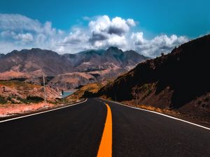 Preview wallpaper road, mountains, marking, asphalt, sky
