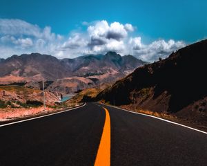 Preview wallpaper road, mountains, marking, asphalt, sky