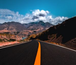 Preview wallpaper road, mountains, marking, asphalt, sky