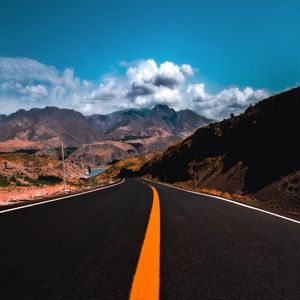Preview wallpaper road, mountains, marking, asphalt, sky