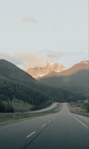 Preview wallpaper road, mountains, markup, trees, clouds