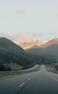 Preview wallpaper road, mountains, markup, trees, clouds