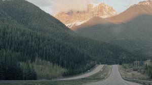 Preview wallpaper road, mountains, markup, trees, clouds
