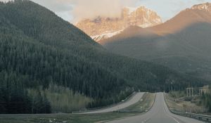 Preview wallpaper road, mountains, markup, trees, clouds