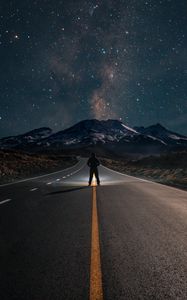 Preview wallpaper road, mountains, night, silhouette, starry sky