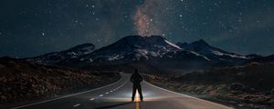 Preview wallpaper road, mountains, night, silhouette, starry sky