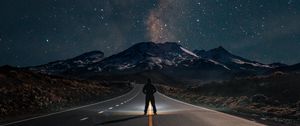 Preview wallpaper road, mountains, night, silhouette, starry sky