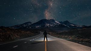 Preview wallpaper road, mountains, night, silhouette, starry sky