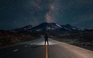 Preview wallpaper road, mountains, night, silhouette, starry sky