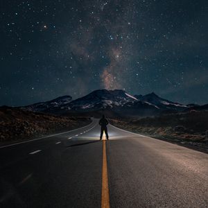 Preview wallpaper road, mountains, night, silhouette, starry sky