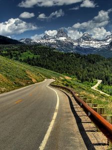 Preview wallpaper road, mountains, protection, shadow, marking