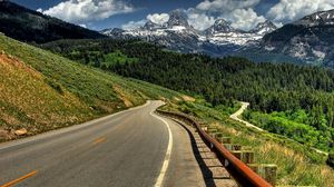 Preview wallpaper road, mountains, protection, shadow, marking