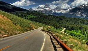 Preview wallpaper road, mountains, protection, shadow, marking